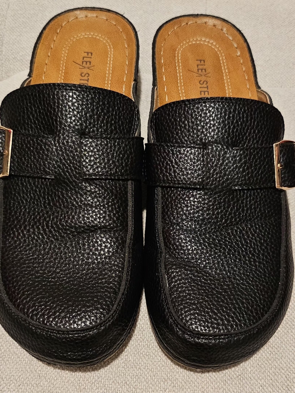 Women’s Black Leather-Look Mule Clogs with Buckle